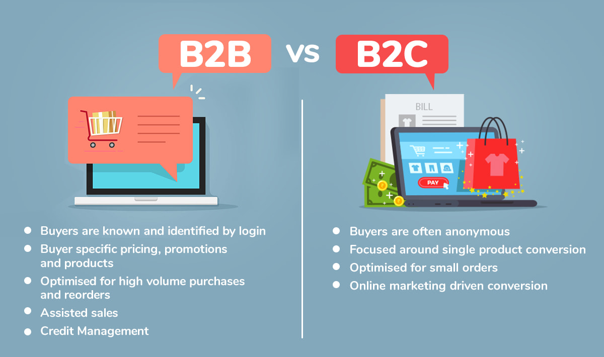 कस्टमाइज़ किए गए B2C प्लेटफ़ॉर्म और परपज़-बिल्ट B2B e-Commerce प्लेटफ़ॉर्म की तुलना दर्शाता चित्र